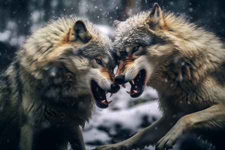 Stunning gray wolves fighting in snow. Amazing wildlife. Generative Aiの素材