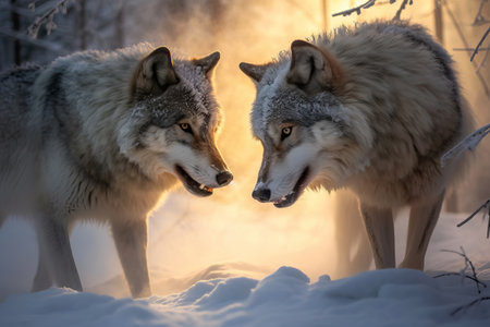 Stunning gray wolves fighting in snow. Amazing wildlife. Generative Aiの素材