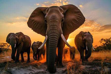 Herd of elephants walking across a dry grass field at sunset. Amazing African wildlife. Generative Aiの素材