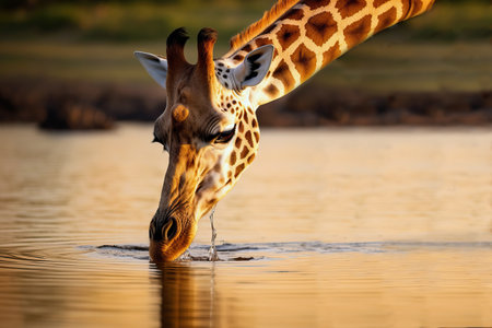 Giraffe drinking water from a river. Amazing African Wildlife. Generative Aiの素材