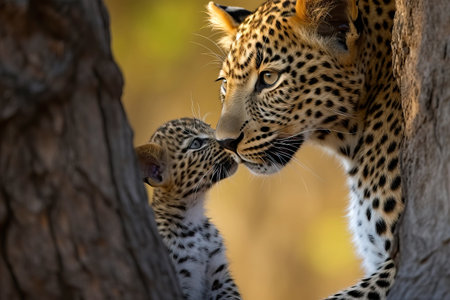 Affectionate portrait of a leopard with her cub. Amazing Wildlife. Generative Aiの素材