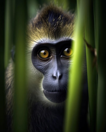 Beautiful portrait of black faced monkey with orange eyes under the rain. Amazing Wildlife. Generative Aiの素材