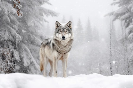 Gray wolf in the cold snowy winter forest. Amazing Wildlife. Generative Aiの素材