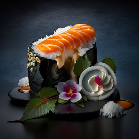 Mouthwatering Photography of Sushi on Sleek Black Background. Japanese food. Generative Aiの素材
