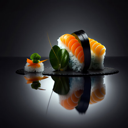 Mouthwatering Photography of Sushi on Sleek Black Background. Japanese food. Generative Aiの素材