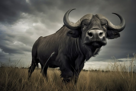 Stunning wild african buffalo in the savanna. Amazing African wildlife. Generative Aiの素材