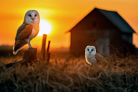 Beautiful Barn owls in the field at sunset. Amazing Wildlife. Generative Aiの素材