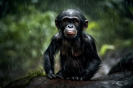 Adorable Bonobo Cub under the rain, cute portrait of pygmy chimpanzee. Amazing African Wildlife. Generative Aiの素材