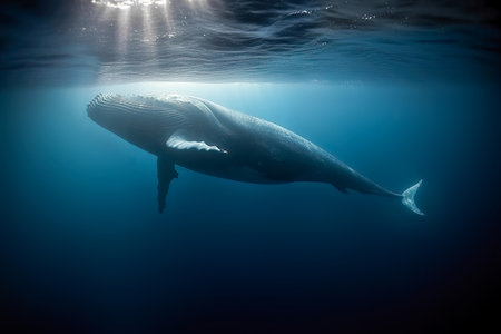 Humpback whale swimming underwater illuminated by sun rays. Amazing wildlife. Generative Aiの素材