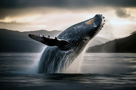 Jumping humpback whale out of the water. Amazing wildlife. Generative Aiの素材