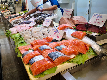 Cadiz, Spain - August 03, 2023: Cadiz Fish Market. Stunning Fresh fish stall in The Central Market of CÃ¡diz, Andalusia, Spain. It is the oldest covered market in Spain and where the Atlantic Ocean offers the freshest fish and seafood in Spain with piles のeditorial素材