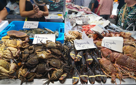 Cadiz, Spain - August 03, 2023: Cadiz Fish Market. Stunning Fresh fish stall in The Central Market of CÃ¡diz, Andalusia, Spain. It is the oldest covered market in Spain and where the Atlantic Ocean offers the freshest fish and seafood in Spain with piles のeditorial素材