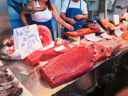 Cadiz, Spain - August 03, 2023: Cadiz Fish Market. Stunning Fresh fish stall in The Central Market of CÃ¡diz, Andalusia, Spain. It is the oldest covered market in Spain and where the Atlantic Ocean offers the freshest fish and seafood in Spain with piles のeditorial素材