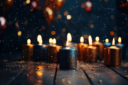 Beautiful candles lit at night to celebrate Christmas and New Year holidays in winter season. Beautiful bokeh background.の素材