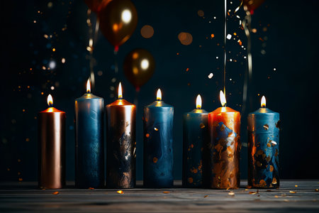 Beautiful candles lit at night to celebrate Christmas and New Year holidays in winter season. Beautiful bokeh background.の素材