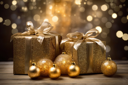 christmas and new year golden background. Gift boxes, pine cones, Christmas balls and festive bokeh.の素材