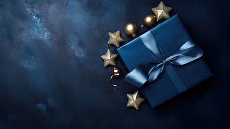 Dark blue gift box and Christmas decorations on dark background. Top view of greeting gift with copy space for Christmas present, holiday or birthdayの素材