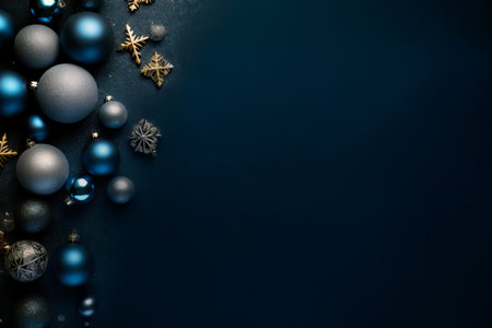 Dark blue Christmas decoration balls on a sea of glitter sand background. Merry christmas and happy new year greeting card with copy space for text.の素材