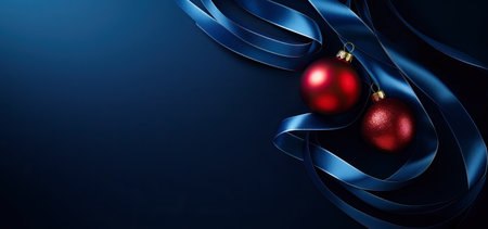Red and Dark blue Christmas decoration balls with satin ribbons on dark background. Merry christmas and happy new year greeting card with copy space for textの素材