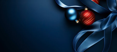 Red and Dark blue Christmas decoration balls with satin ribbons on dark background. Merry christmas and happy new year greeting card with copy space for textの素材