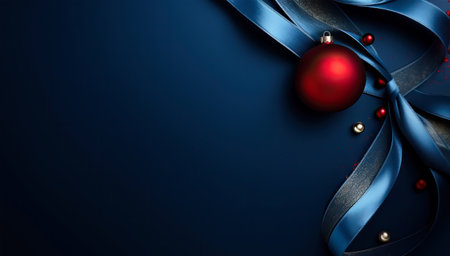 Red and Dark blue Christmas decoration balls with satin ribbons on dark background. Merry christmas and happy new year greeting card with copy space for text.の素材