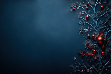 Celtic christmas tree with red decoration balls on Dark Bluebackground. Merry christmas and happy new year greeting card with copy space for text.の素材