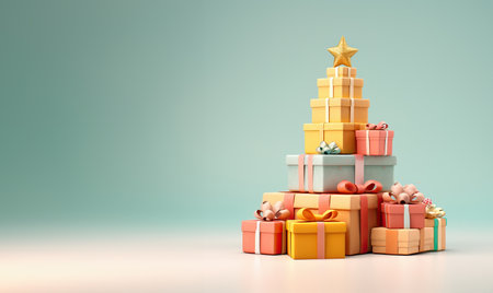 Abstract Christmas tree of gift boxes. Funny Merry christmas and happy new year greeting card with copy space for text.の素材
