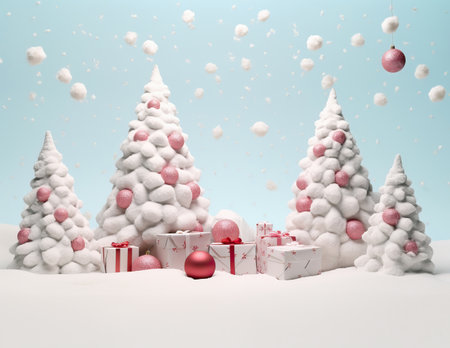 Abstract Christmas tree of cotton, balls and gift boxes. Funny Merry Christmas and Happy New Year greeting card with copy space for textの素材