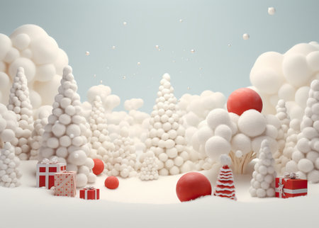 Abstract Christmas tree of wool, balls and gift boxes. Funny Merry Christmas and Happy New Year greeting card with copy space for textの素材