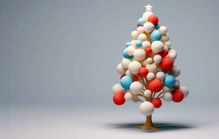 Abstract Christmas tree of cotton balls. Funny Merry christmas and happy new year greeting card with copy space for text.の素材