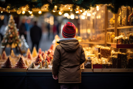 Small happy child looking at decoration in a shop Christmas Market and Enjoying of a charming holidays.の素材