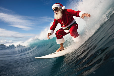 Funny scene of Santa Claus surfing on blue ocean wave in christmas holidays.の素材