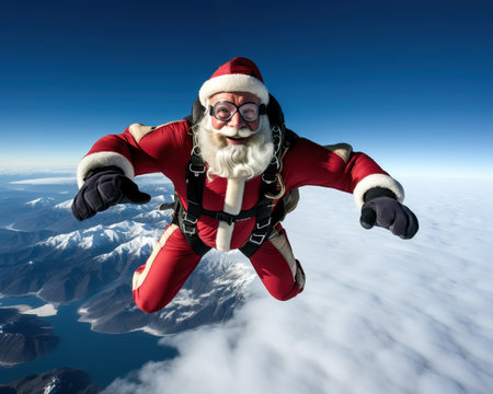 Funny Christmas scene of Santa Claus skydiving on holidays with beautiful blue sky.の素材