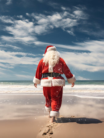Funny Christmas scene of Santa Claus walking on a paradise beach.の素材