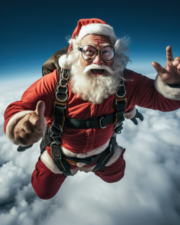 Funny Christmas scene of Santa Claus skydiving on holidays with beautiful blue sky.の素材