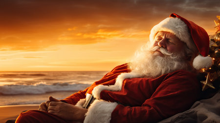 Funny Christmas scene of Santa Claus resting on sand in a paradise beach at sunset.の素材