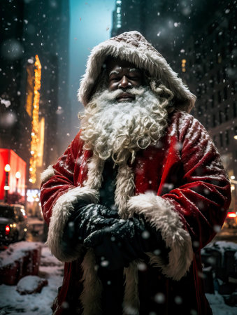 Portrait of Afro american black santa claus in a snowy night in the city at christmas holidaysの素材