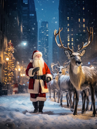 Santa Claus with Reindeers in the city on Christmas eve. Christmas, new year, winter and holiday greeting cardの素材
