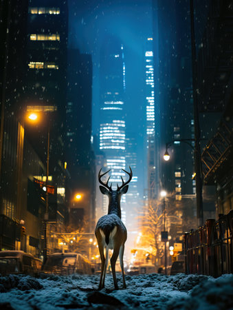 Reindeer standing over snow in the city on Christmas eve. Christmas, new year, winter and holiday greeting cardの素材
