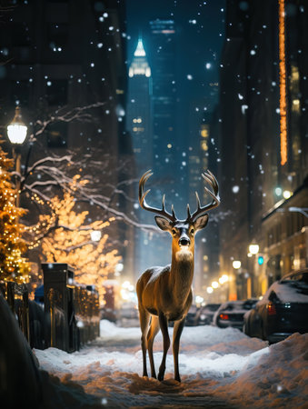 Reindeer walking over snow in the city on Christmas eve. Christmas, new year, winter and holiday greeting cardの素材