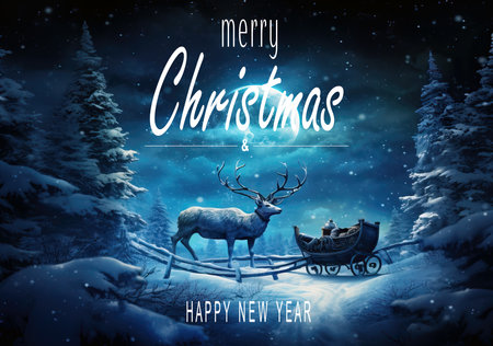 Merry Christmas and new year greeting card. Beautiful Winter scene of a Santa Claus Reindeer in a snowy landscape at night. Christmas text Calligraphの素材