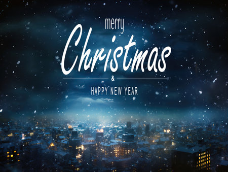 Merry Christmas and new year greeting card. Beautiful Winter scene of city at night. Christmas text Calligraphicの素材