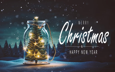 Christmas tree in glass jar decoration. Merry christmas and new year greeting card with text Calligraphicの素材