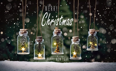Christmas tree in glass jar decoration. Merry christmas and new year greeting card with text Calligraphicの素材