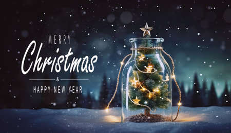 Christmas tree in glass jar decoration. Merry christmas and new year greeting card with text Calligraphicの素材