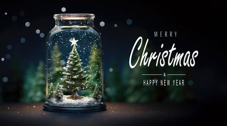 Christmas tree in glass jar decoration. Merry christmas and new year greeting card with text Calligraphicの素材