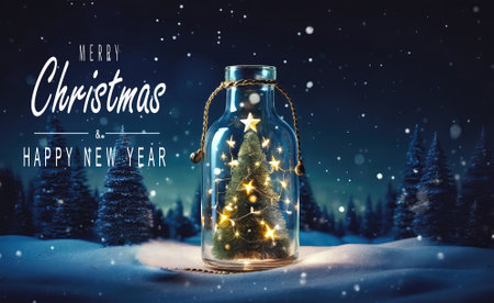 Christmas tree in glass jar decoration. Merry christmas and new year greeting card with text Calligraphicの素材