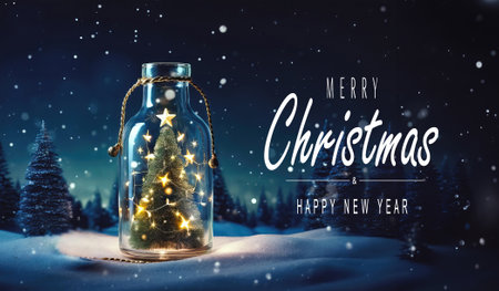 Christmas tree in glass jar decoration. Merry christmas and new year greeting card with text Calligraphicの素材