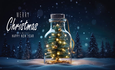Christmas tree in glass jar decoration. Merry christmas and new year greeting card with text Calligraphicの素材