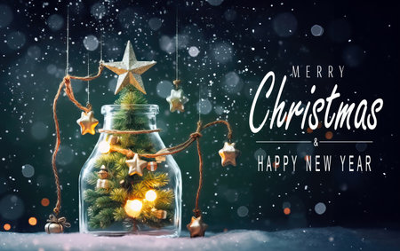 Christmas tree in glass jar decoration. Merry christmas and new year greeting card with text Calligraphicの素材